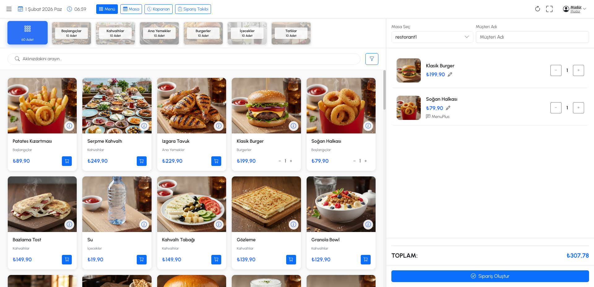 MenuPlus Sipariş Alma Ekranı