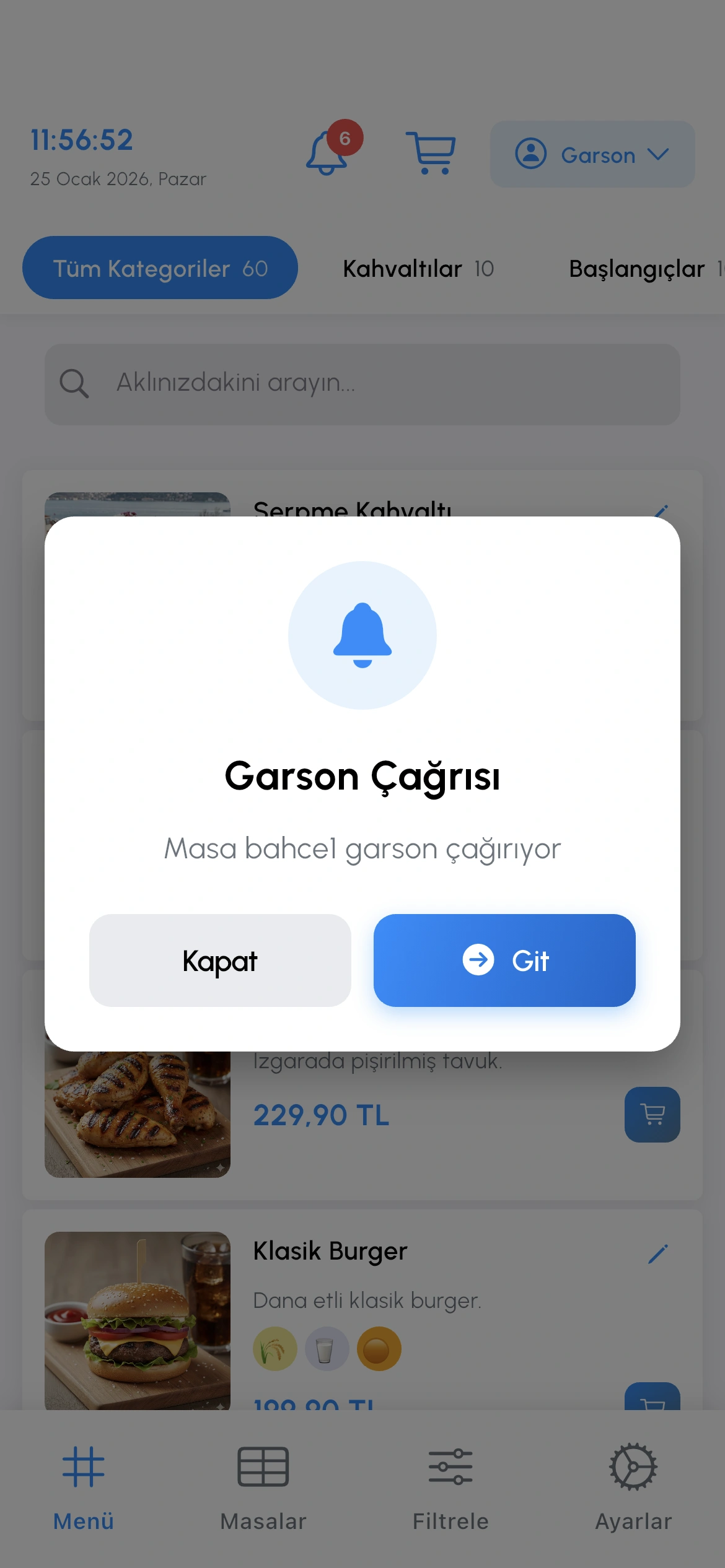 Garson çağırma bildirimi